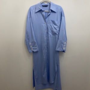 Zara Pale Blue Button Down Dress with wide buttoned cuffs tie back